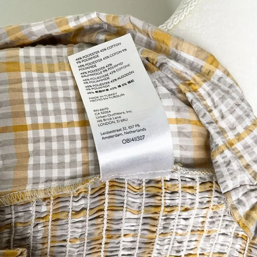 Anthropologie Yellow and White Plaid Puff-Sleeve Square Neck Top